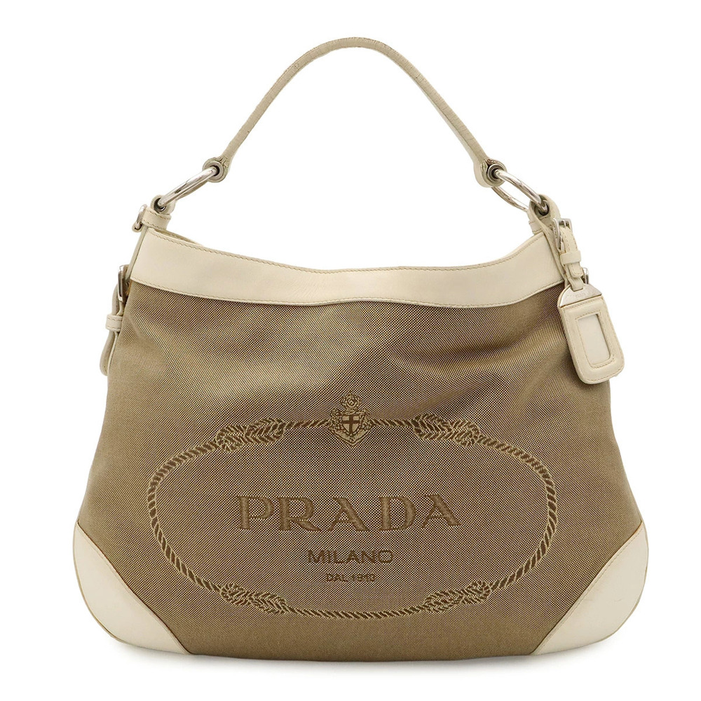 Prada jacquard Hobo bag canvas leather CORDA Beige Brown Cream BIANCO white